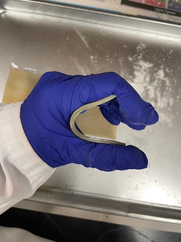 A hand in blue glove holding a round object