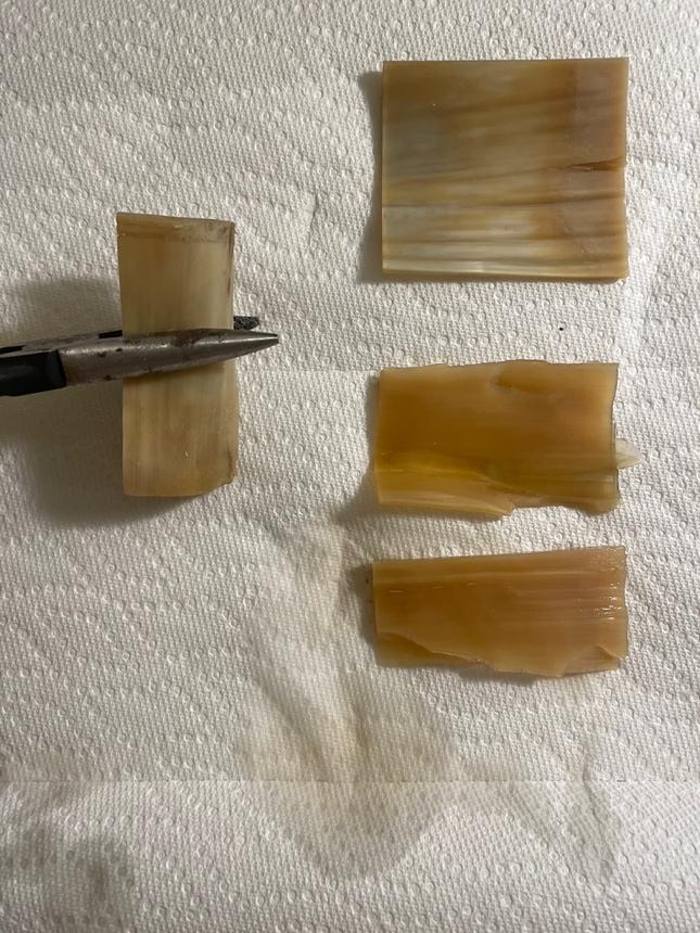 A pair of scissors cutting pieces of horn